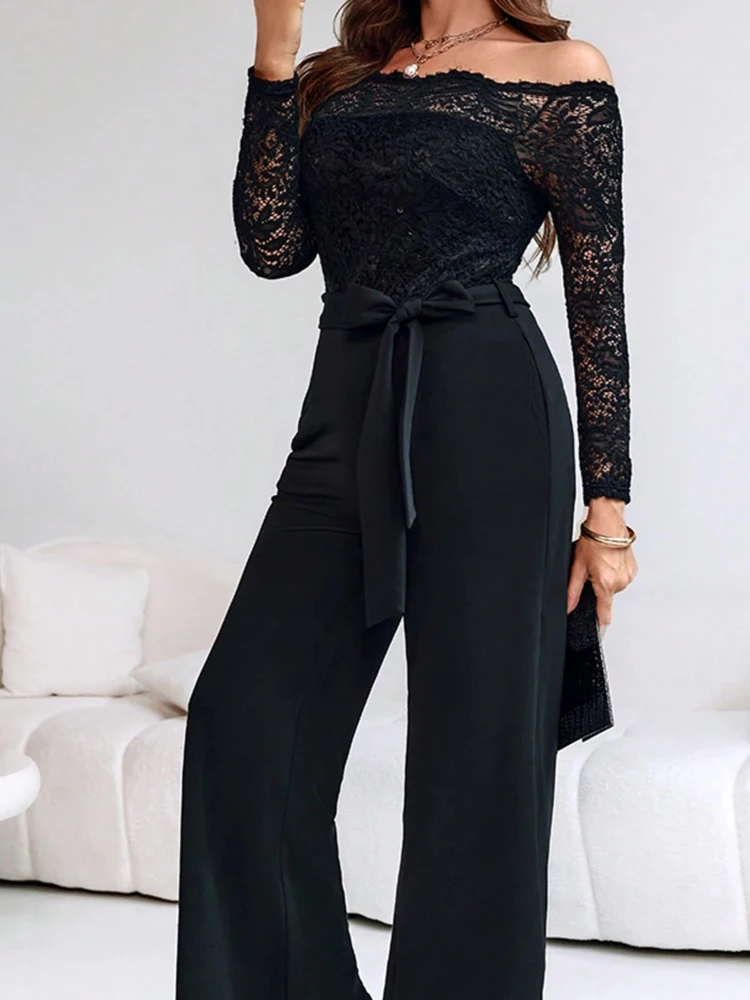 

Casual Zipper Back Lace-Up with Belt Rompers Sexy Off Shoulder Long Sleeve Long Jumpsuit Elegant Lace Spliced Slim Fit Overalls
