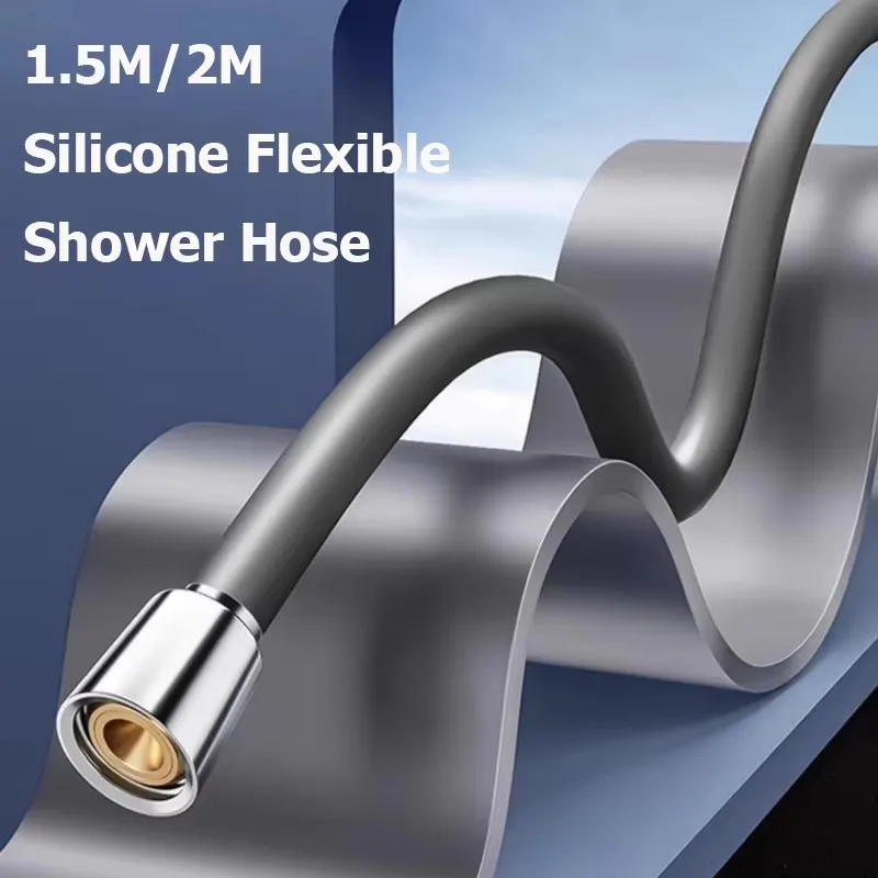 1.5/2M Silicone Flexible Shower Hose Grey Anti-Winding Extension High Pressure Pipe Showerhead Tube Bathroom Faucet Accessories