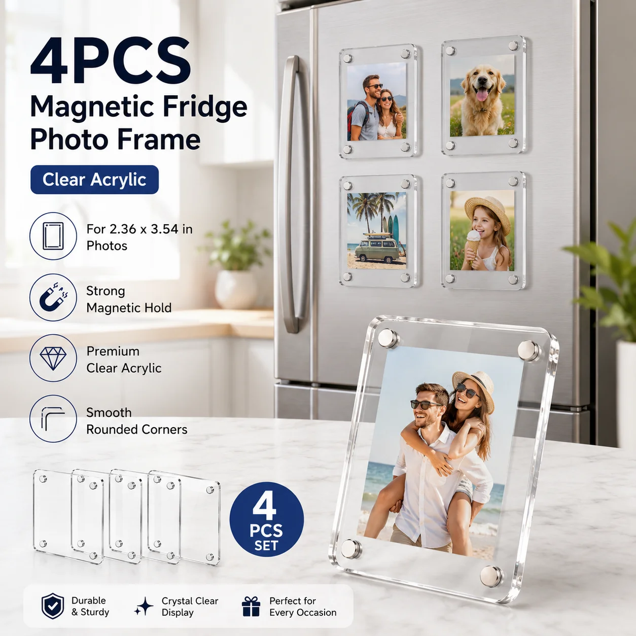 4Pcs Clear Acrylic Magnetic Photo Frame Double Sided Refrigerator Picture Holder Fridge Magnet for Photos Notes Cards Home Decor