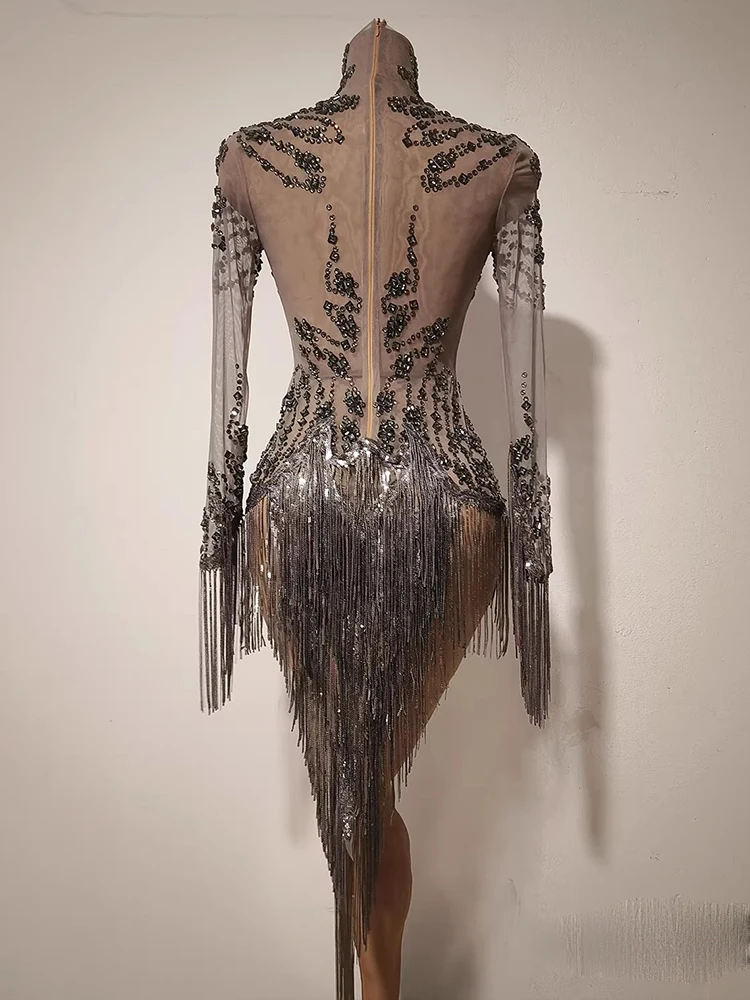 High Quality Rhinestone Tassel Sexy See Through Mesh Long Sleeved Jumpsuit 2025 New Fashion Custom Women'S Clothing