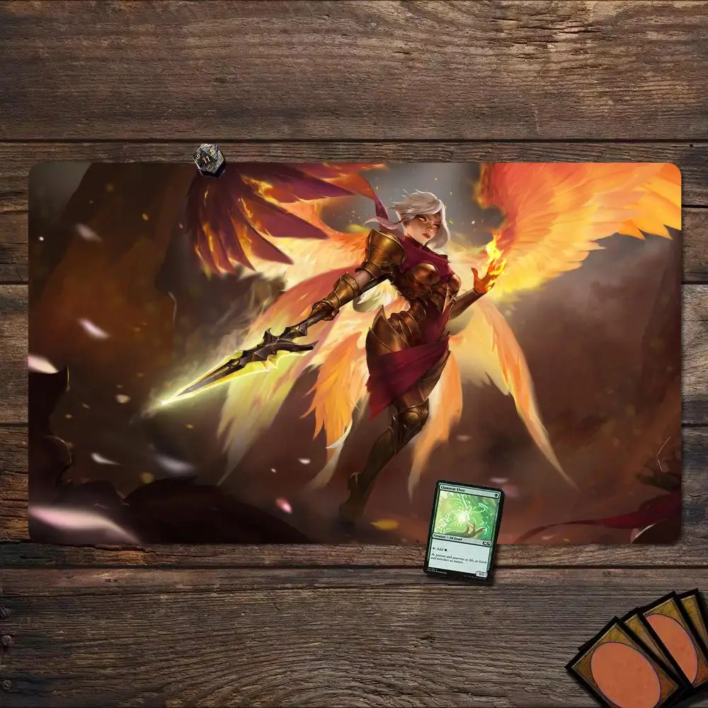 Fiery Winged Angel Warrior TCG Playmat With Full Card Zones 35X60CM Card Battle Mat Non‑Slip Stitched Edge Tabletop Playmat