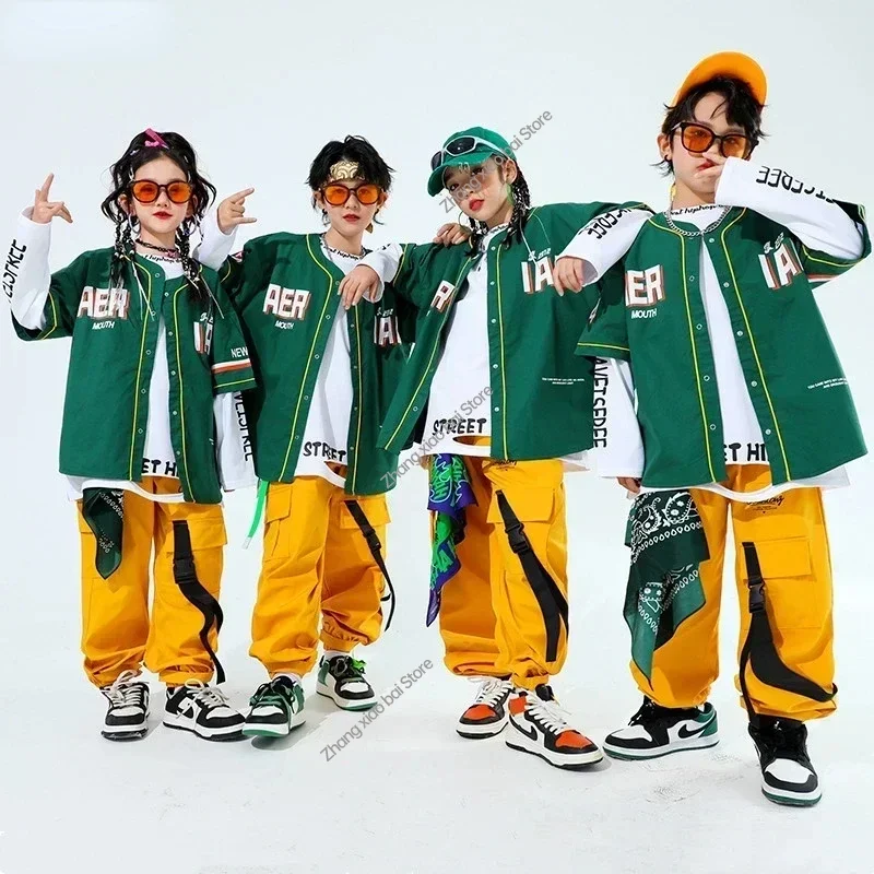 Hip Hop Boys Fashion Baseball Jacket Solid Caro Pants Girls Cool Streetwear Children Jazz Clothes Sets Kids Street Dance Costume