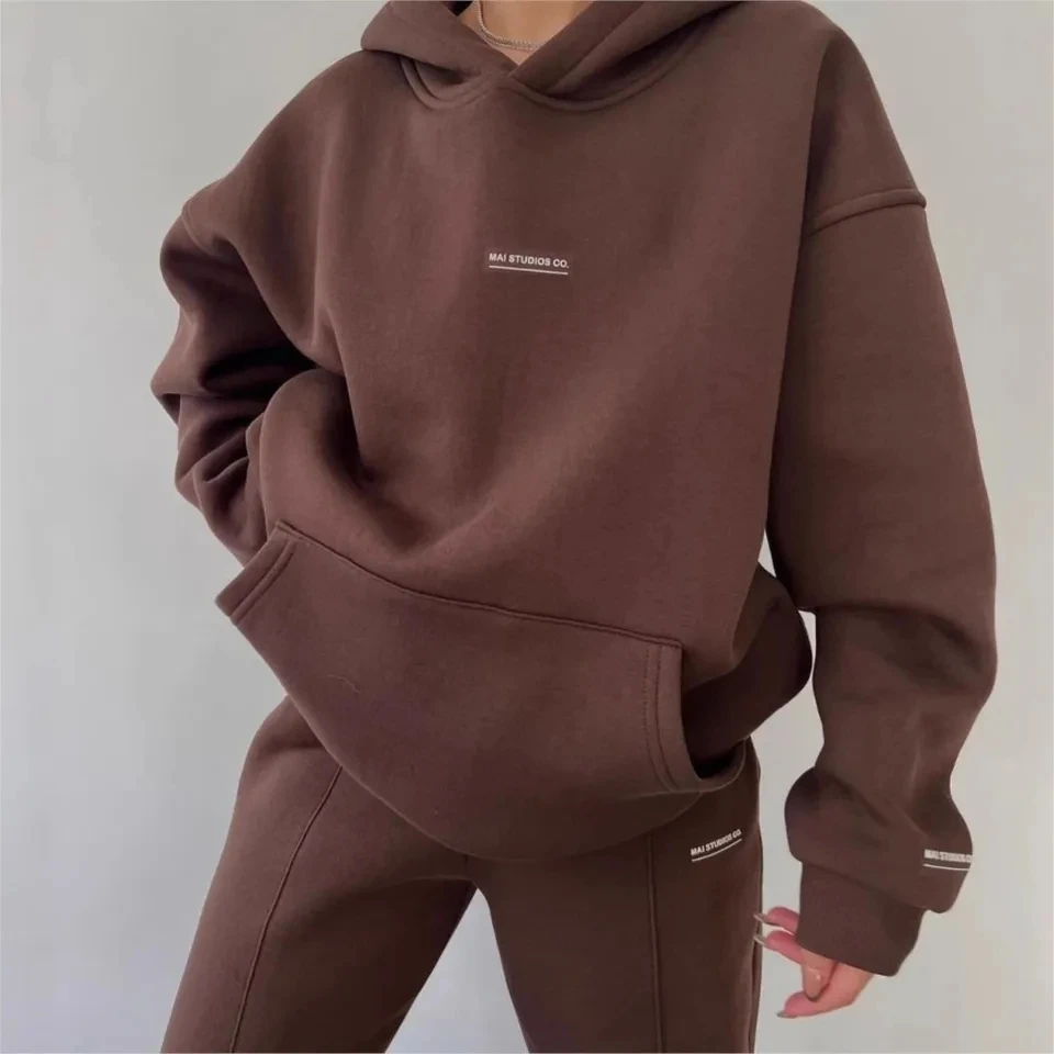 

Women's Casual Hooded Sweatshirt Trousers 2 Piece Set Plus Velvet Warm Fashion Pocket Printed Letters Sports Ladies Trousers Set
