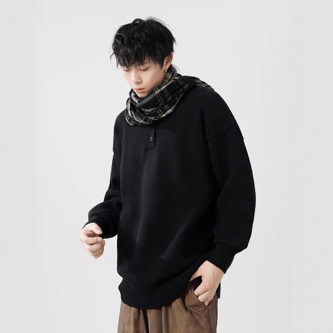 American style Henry collar sweater, men's autumn and winter trend, high-end sense, knitted sweater, loose and lazy style jacket