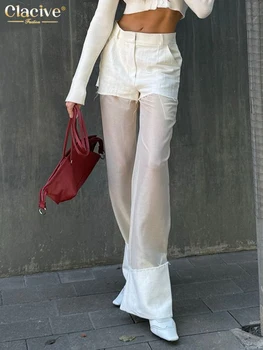 Clacive 패션 느슨한 흰색 면화 여성 바지 2025 우아한 높은 허리 넓은 바지 빈티지 클래식 패치 워크 바지 여성