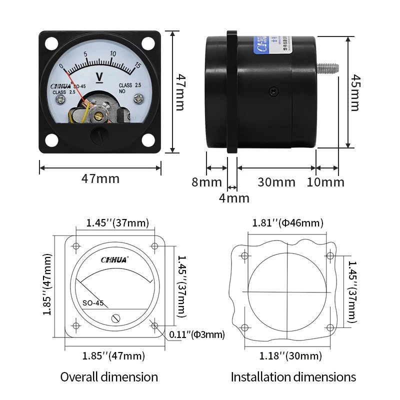 SO-45 DC Anlog Voltmeter 1V2V3V5V10V15V20V30V40V50V100V150V200V250V300V400V450V500V voltage panel meter