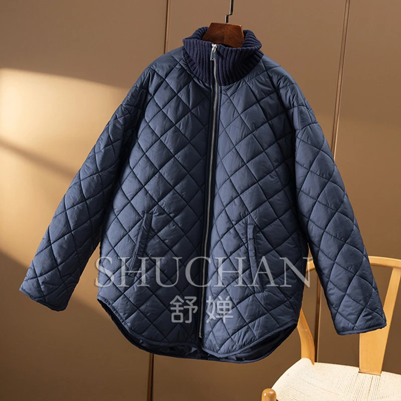 Argyle Quilted Coats Women New Winter  Navy Blue Designer  Jacket Women Casaco Feminino Inverno 2024 Zipper