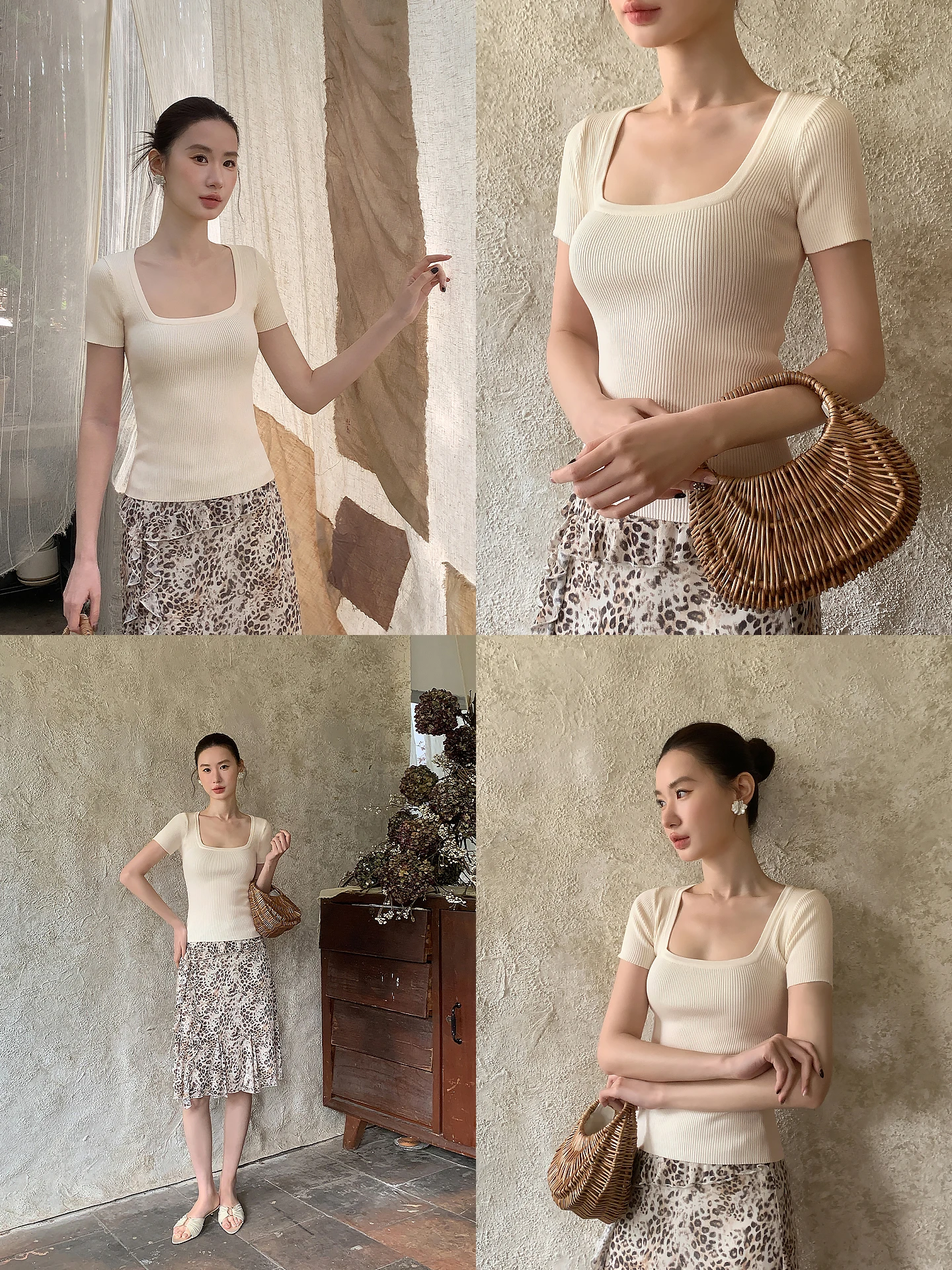 

XXNING Classic Square Collar Texture Slim Fit Knitted Short Sleeve T-Shirt Women Color Simple Versatile Shoulder Level Top