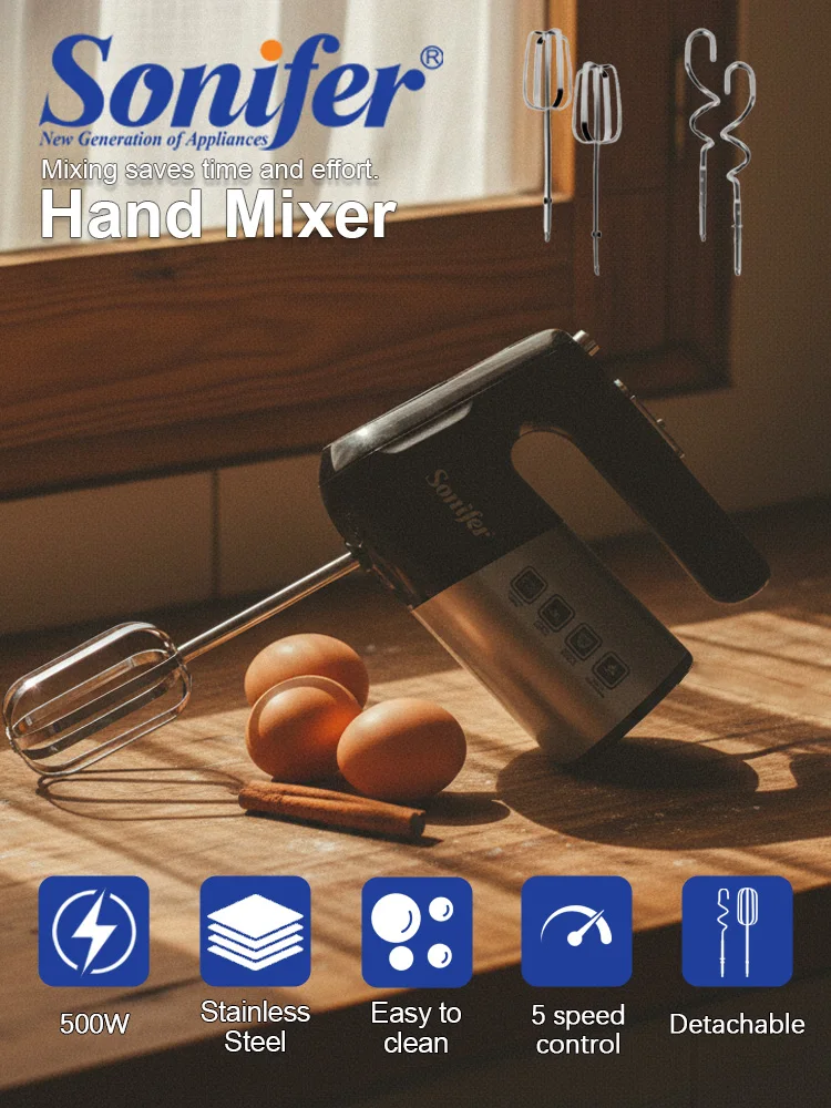 

Electric Hand Mixer Sonifer SF-7078 500W 5 Speed Turbo Egg Beater with Dough Hooks Whisk for Home Baking Kitchen