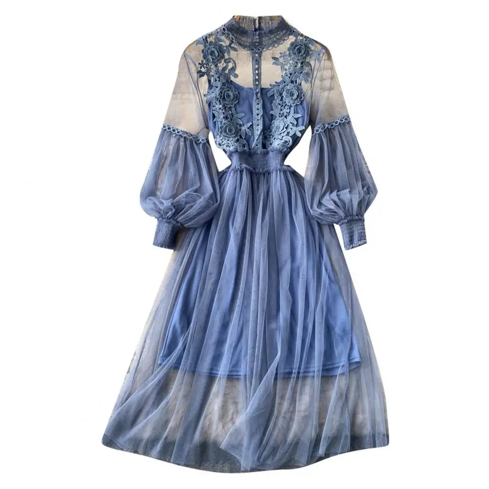 

Ladies Dress Three-dimensional Flower Hook Mesh Temperament Stand Collar Lantern Sleeve High Waist Slim Female Dresses