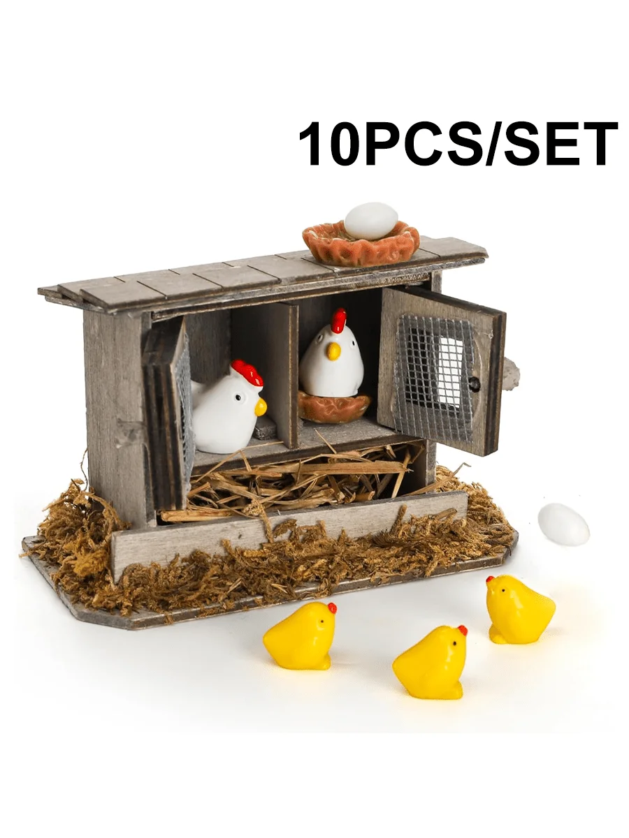 

10-piece mini retro wooden chicken coop set, mini family chicken, hen, chicks, eggs, chicken coop decoration, suitable for garde
