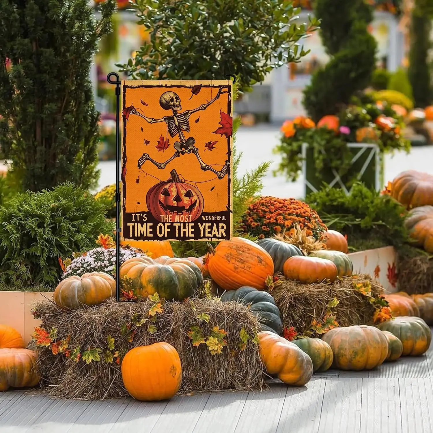 Halloween Skeleton Garden Flags 12x18 Double Sided Outside, Skull Pumpkin Holiday Decorations Vertical Burlap Yard Flag