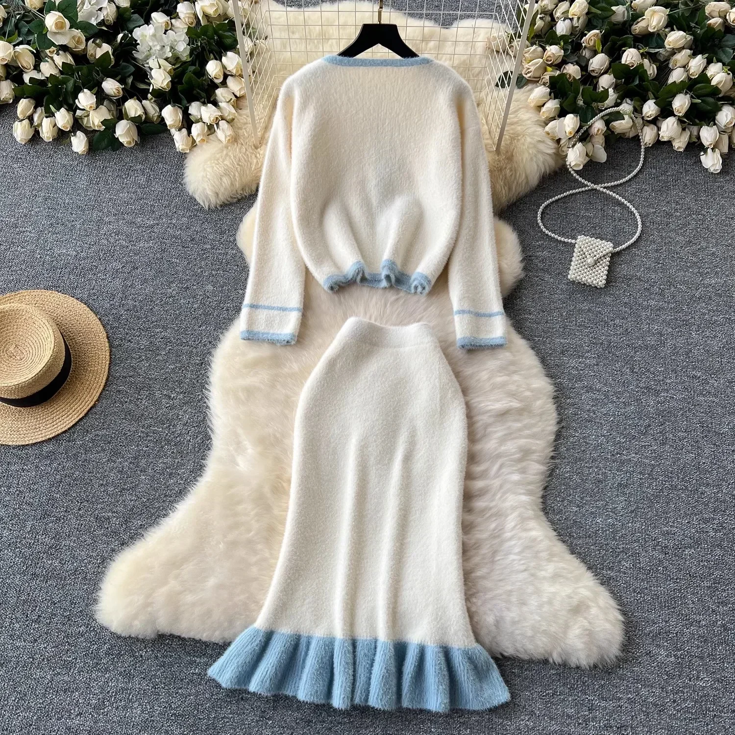 Autumn Winter Sweet Chic Contrast Cashmere Furry Soft Two Piece Set Women Knit Cardigan Sweater Coat + Mermaid Midi Skirt Suit