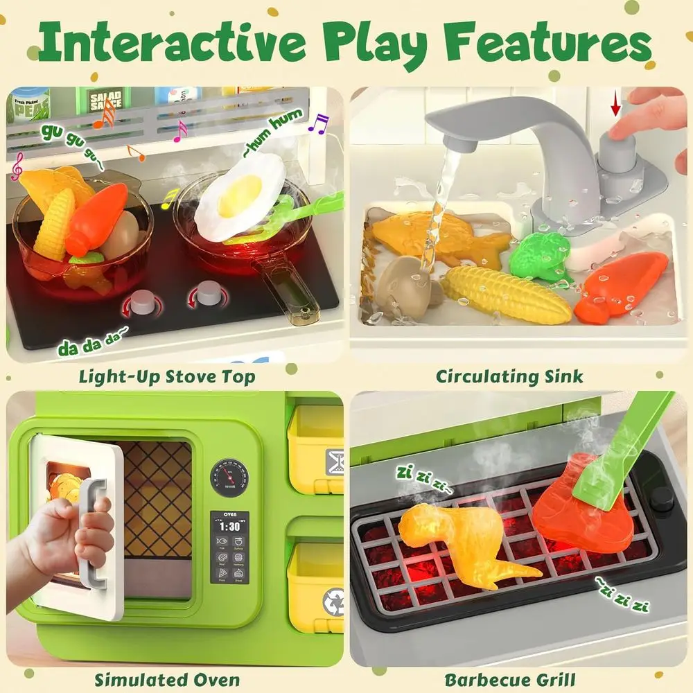 مجموعة المطبخ التظاهرية مع أضواء، أصوات، بخار، حوض، شواية، طعام لعب، ملحقات مطبخ الأطفال الصغار، حقيبة تخزين #3