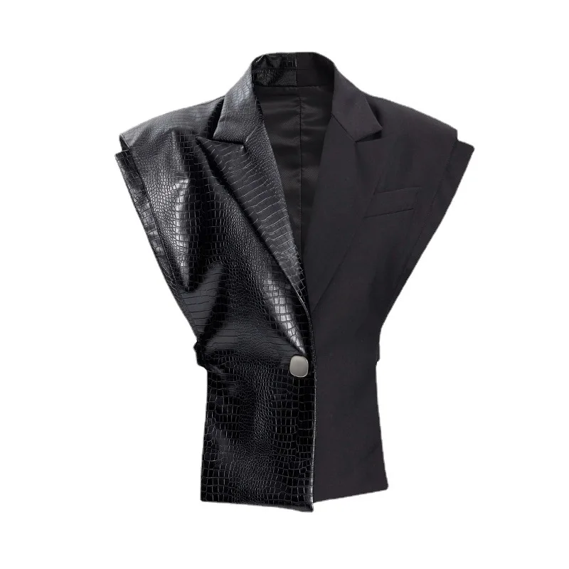 Women Faux Leather Patchwork Single Breasted Slim Vest Black Spring Autumn Slim Streetwear Belted Jacket Vest
