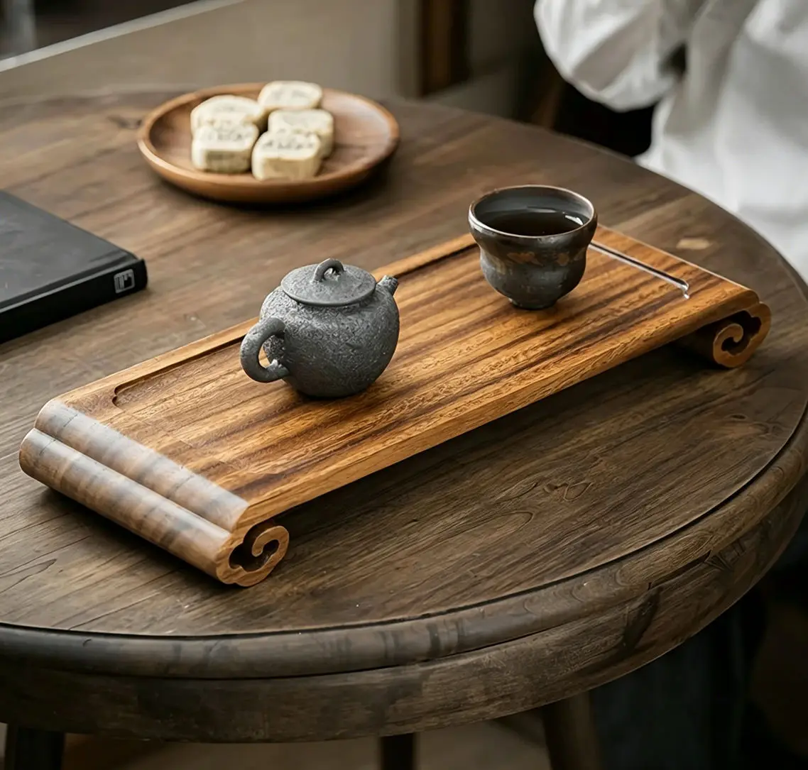 Walnut Wood Scroll Tea Tray, Rectangular Tea Table for Tabletop, Premium Home Decor Display for Tea Set & Teaware