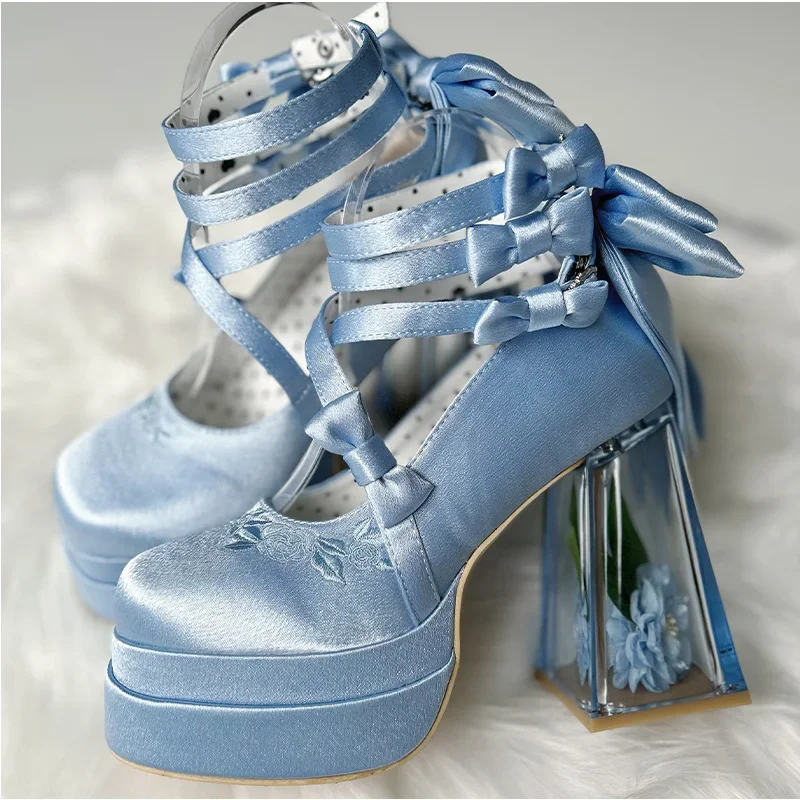 Originale stile retrò corte fiore ricamo Lolita tacchi alti temperamento elegante principessa Mary Jane scarpe Cos tacchi alti da donna