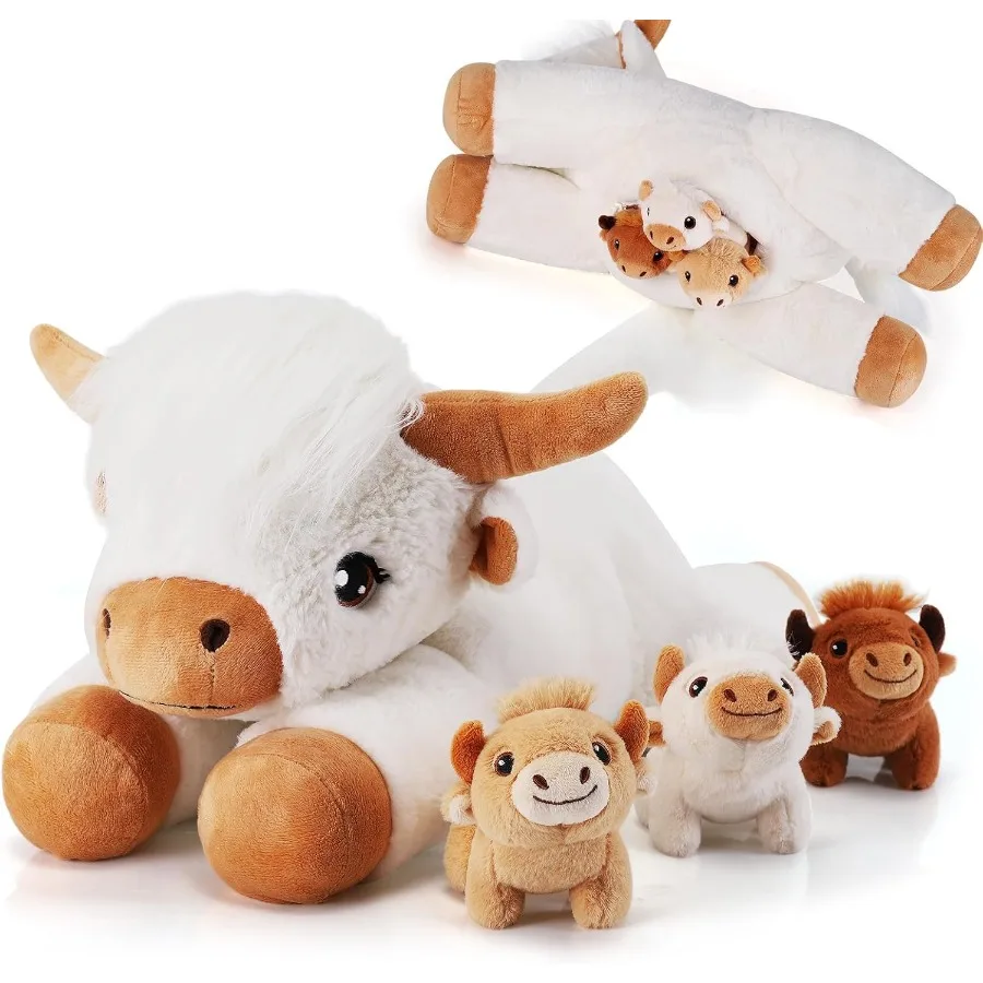 4 Pieces Highland Cow Stuffed Animals - White Plush Cows with 3 Babies - Cute Cows Plush Toys for Girls Age 3-8 - Ideal Christm
