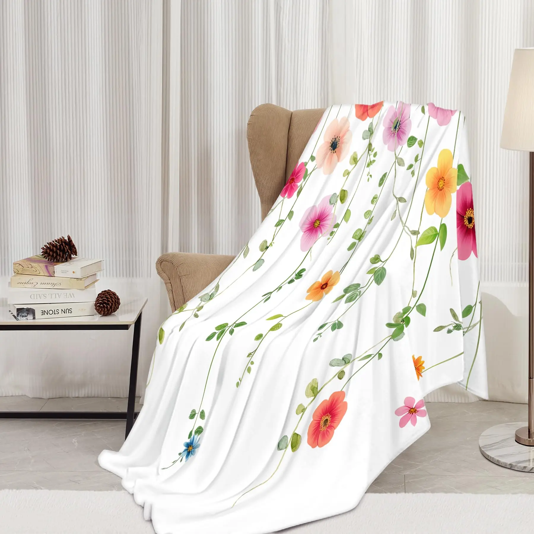 Spring Wildflowers Fleece Throw Blanket, Bees Pink Floral Decorative Couch Blanket for Sofa Bed Living Room Bedroom Travel