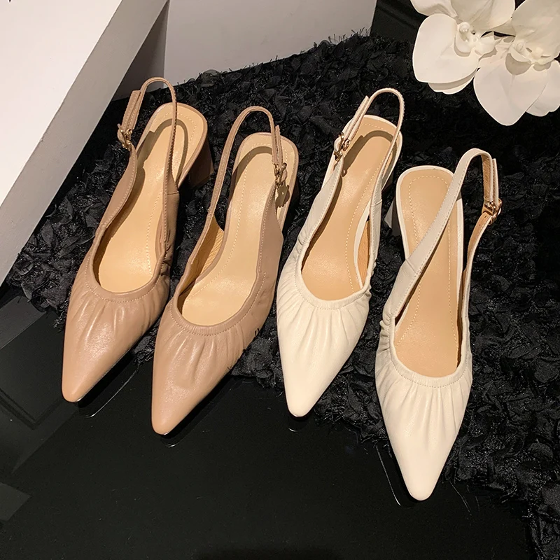 JOZHAMTA Size 32-41 Women Slingback Pumps Real Leather Sexy Pointy Chunky High Heels Shoes 2025 Summer Stretch Office Work Dress