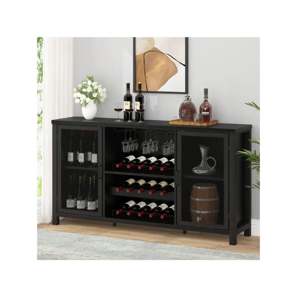 Black Coffee Bar Cabinet, Liquor Cabinet with Wine Rack Storage, Industrial Kitchen Buffet Cabinet for Liquor and Coffee