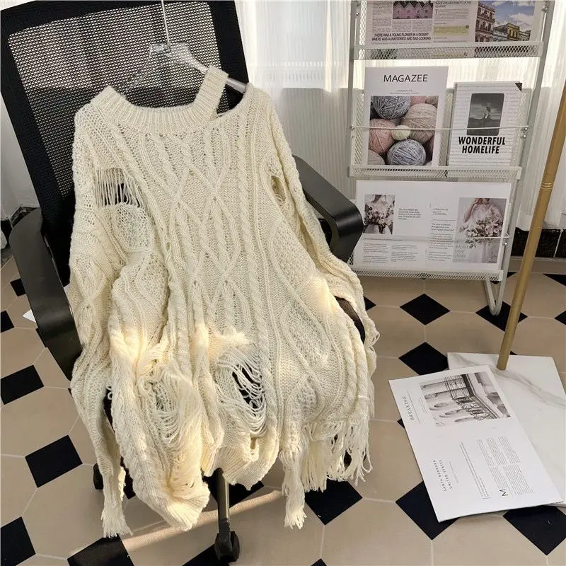 

Fashionable Women's Spring Sweater with Hollow Design and Fringe Loose Vintage Sweater with Twisted Knit O-neck Knitwear N844