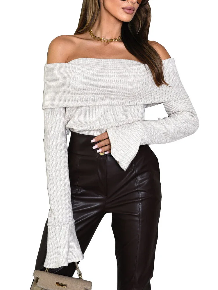Women Off Shoulder Slim Fit Fold Over Sweater Top Autumn Casual Long Sleeve Rib Knit Solid Pullover Sweaters Jumper Tops