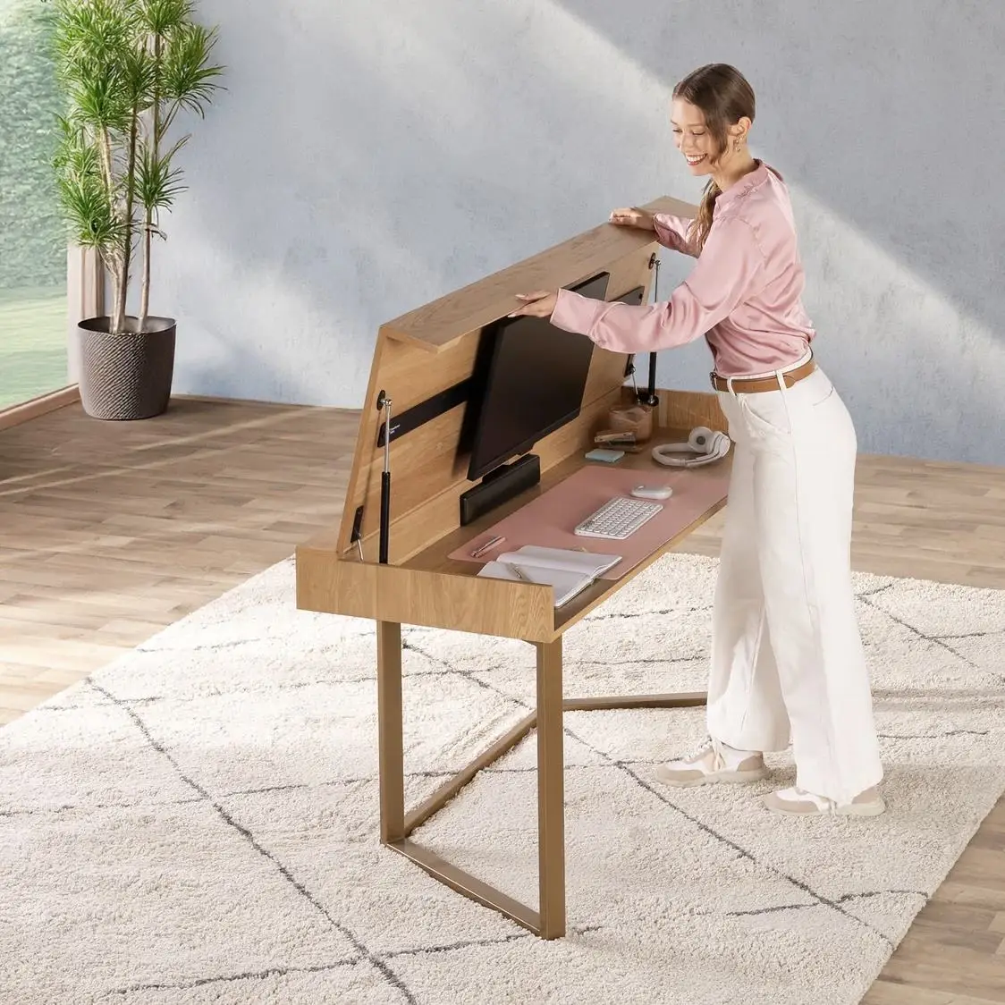 Dual Purpose Desk Dining Table Convertible Efficient Modern Wood Metal Multifunctional Home Living Room Furniture