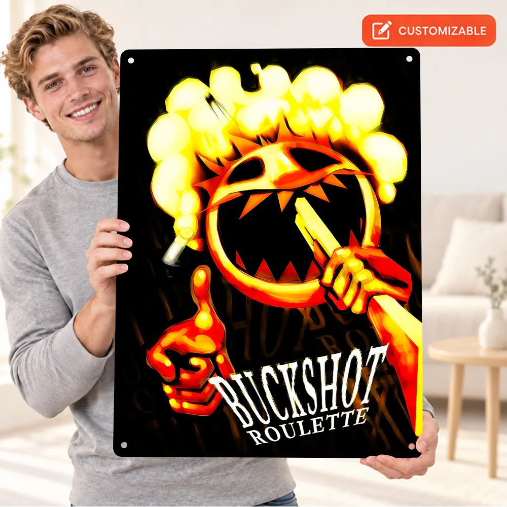 Buckshot Roulette Textured Metal Poster Customized Aluminum Sign Grinning Smoking Face Illustration Wall Art For Game Lounge