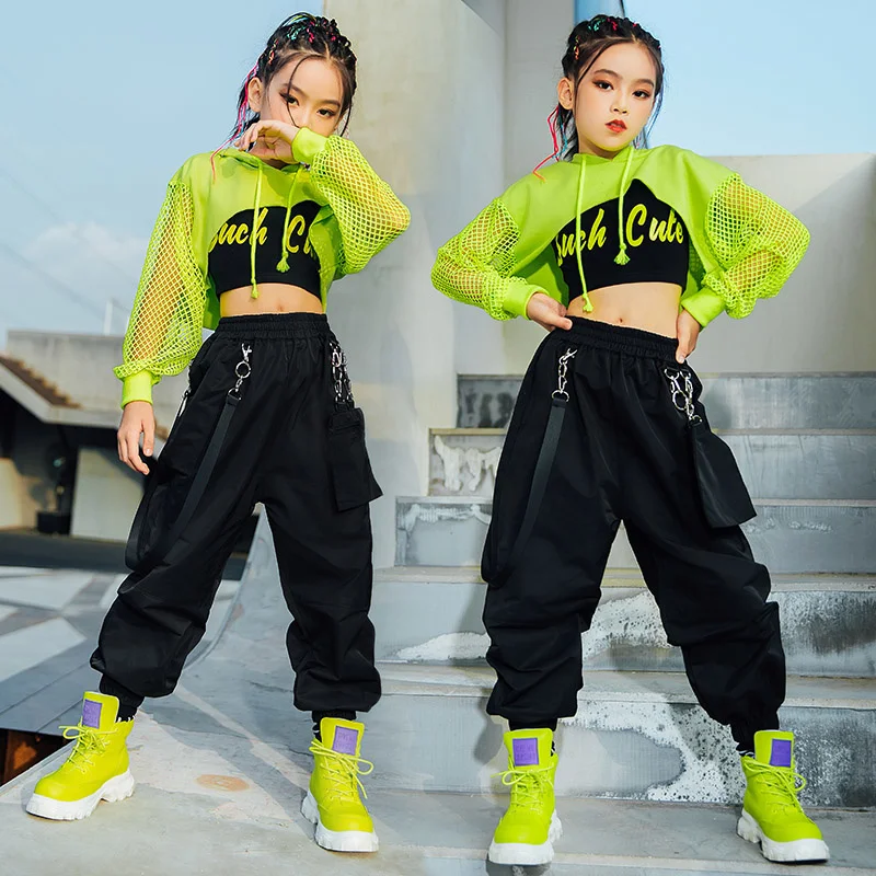 Costume Jazz Hip Hop abbigliamento per ragazze top verdi manica a rete pantaloni Hip Hop neri per bambini Performance abiti da ballo moderni