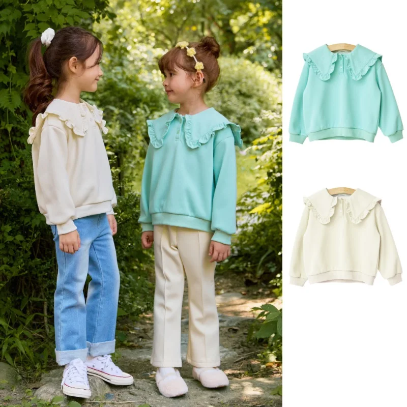 

Girls T-shirt 2024 Fall And Winter New Fashion Padded Lapel Ruffle Sweater Korean Version Of The Girl's Coat Children's Clothing