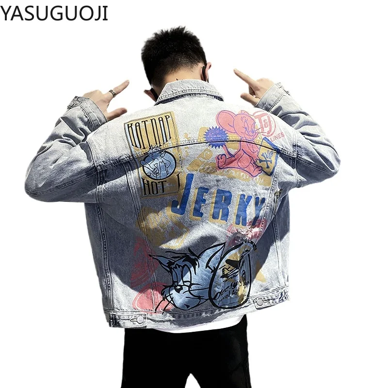 New 2024 Hip Pop Men Denim Jackets Japanese Cartoon Printed Loose Graffiti Jacket Frayed Coat Fashion Jean Jacket Men