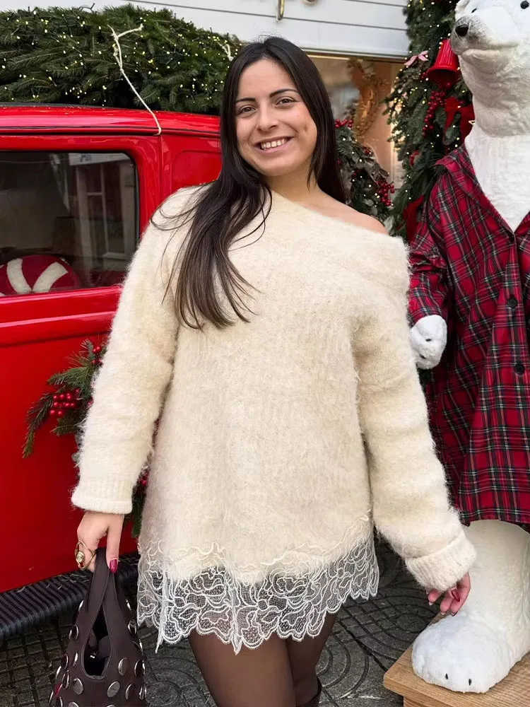 

HH Women 2026 Spring Fashion Simple Versatile Lace Hem Decoration Sweater Female High Street One Collar Solid Pullover Sweater