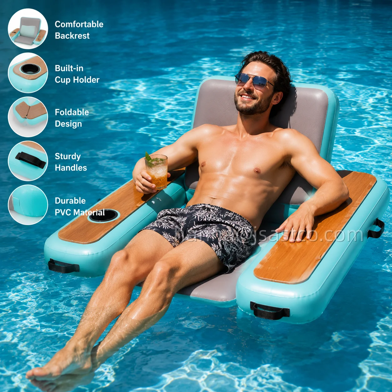 Inflatable Floating Lounge Chair with Armrests and Cup Holders Foldable Portable Adult Pool Float Water Hammock for Lake Ocean