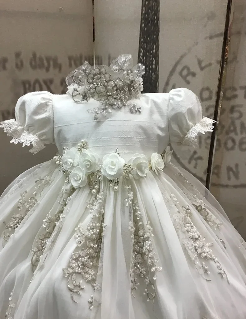 หรูหราลูกปัดGowns Christeningสําหรับเด็กทารกลูกไม้ 3Dดอกไม้Appliquedไข่มุกBaptismชุดBonnet