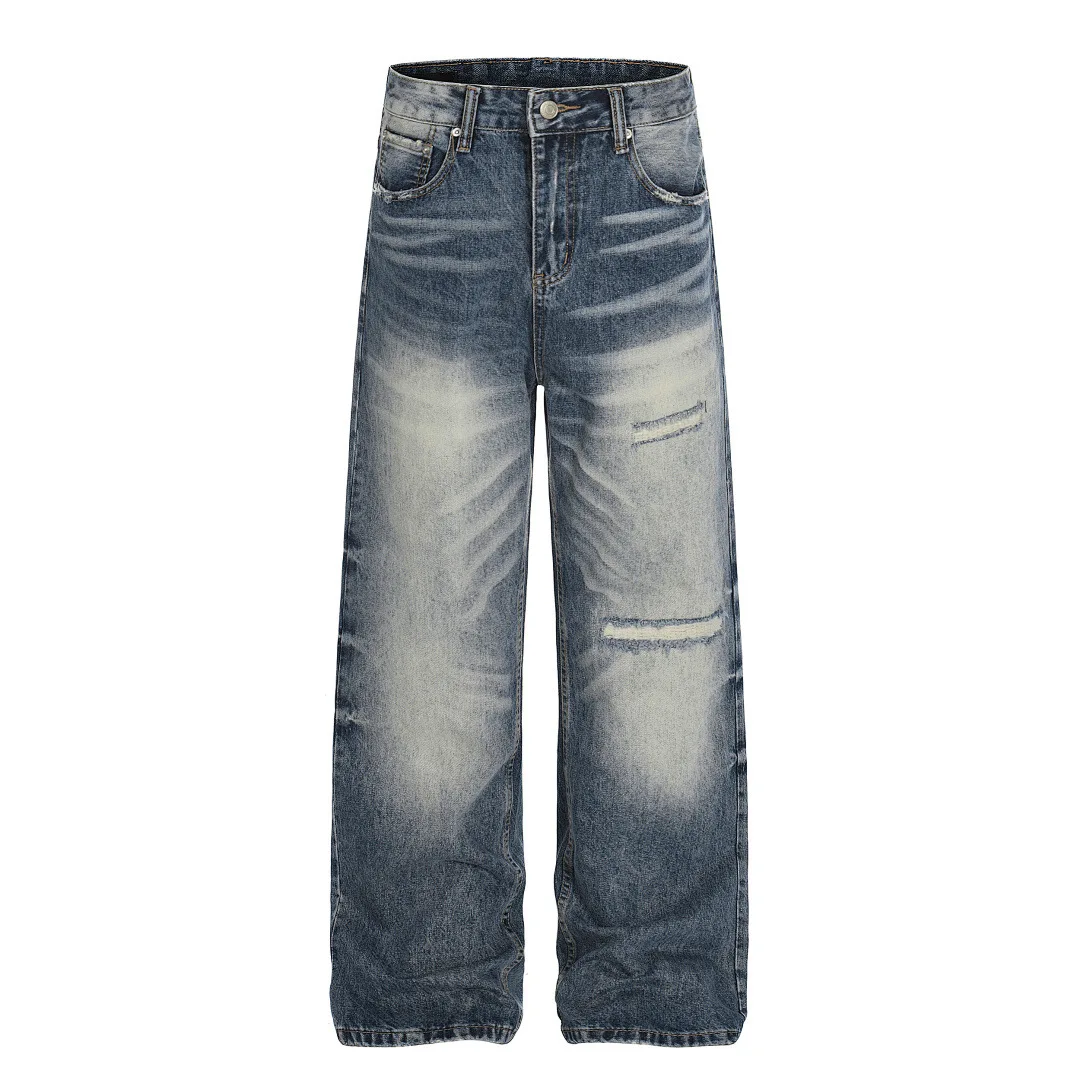 

Европейско-американские джинсы свободного кроя в стиле High-street, с эффектом потертости, рваные, с эффектом мятости, базовые, прямые, повседневные, из денима