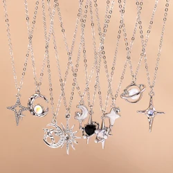 Aihua Exquisite Y2K Silver Color Crystal Sun Moon Star Necklaces for Women Korean Temperament Clavicle Chain Jewelry Gifts