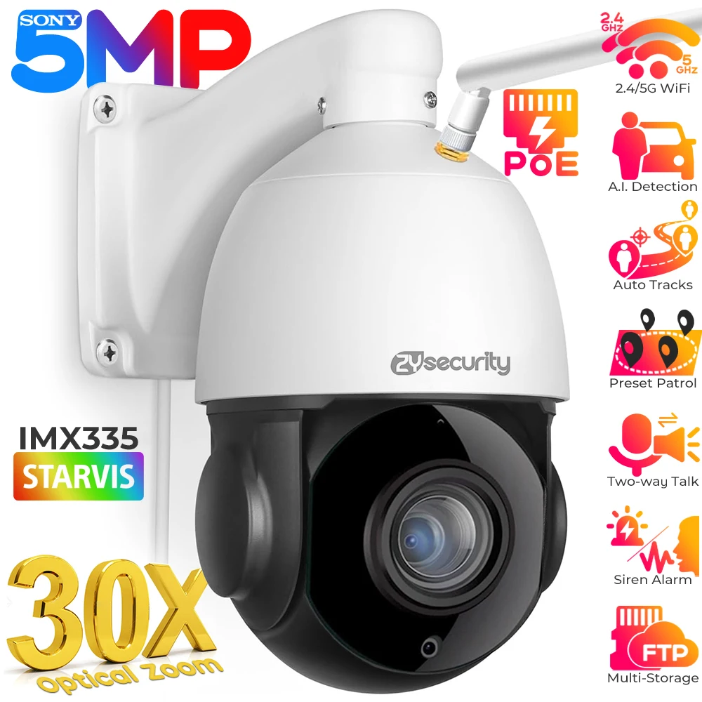 5MP 30X Optical Zoom Outdoor WiFi PoE PTZ IP Camera IMX335 Human Detection Auto Tracking Security Camera 80M IR Night Vision Cam