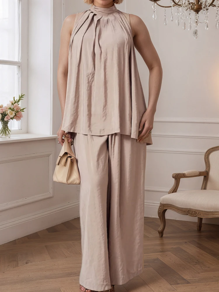 

Women Casual Plus Size Two Piece Set Sleeveless Lace Up Round Neck Tops and High Waist Loose Flare Pant Matching Set Outfits