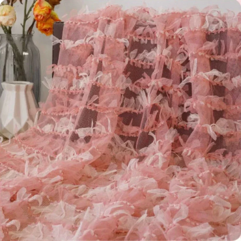 Pink Mesh Fabric for Spring Summer Embroidered Dress Fluffy Skirt Fabrics Girlish Accessories Cake Skirts Diy Decorative Cloth