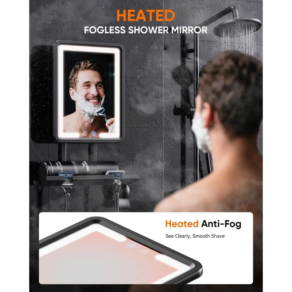 Specchio doccia antiappannamento con 3 luci colorate, porta rasoio e attenuazione continua per 2025, nessuna foratura richiesta, rimovibile - Nero