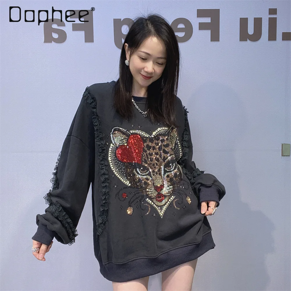 Crew Neck Terry Cotton Sweatshirt for Women Loose Fit Lace Patchwork Pullover Rhinestone Long Sleeve Top Streetwear Women