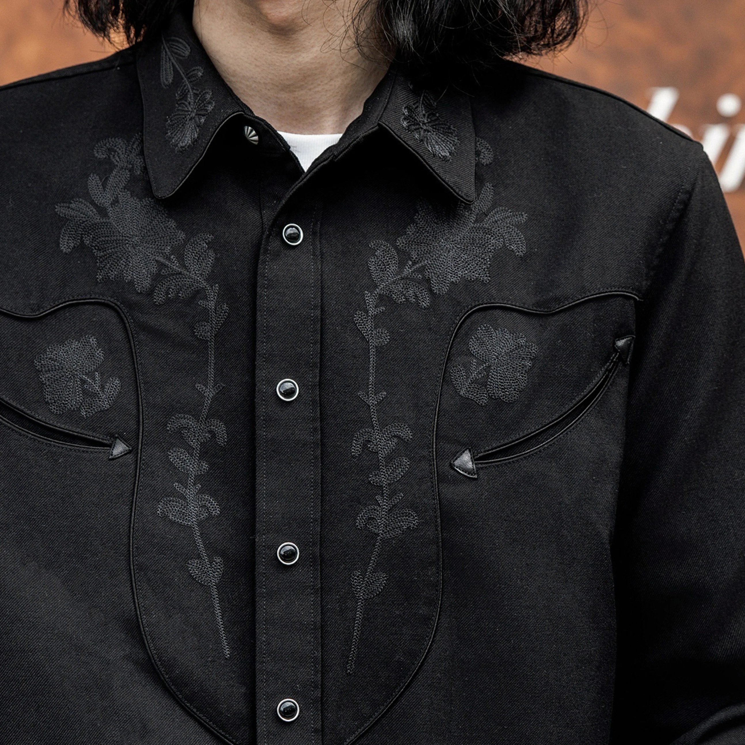 

Red Tornado Musician Shirt Long Sleeve Vintage Floral Embroidery Heavy Black Fleece Western 14oz Denim Shirt