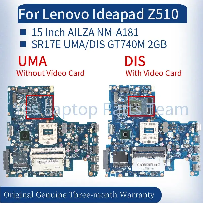 

AILZA NM-A181 For Lenovo Ideapad Z510 15 Inch Laptop Mainboard 90004479 90004476 N14P-GV2-S-A1 2GB SR17E Notebook Motherboard