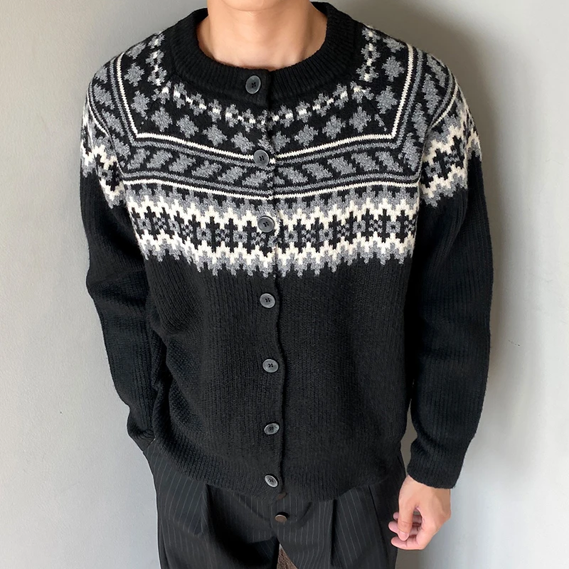 Streetwear Vintage Heren Sweaterjassen Herfst Winter Trendy Geometrische Trui Jas Jas Voor Mannen Casual O Hals Knop Vesten