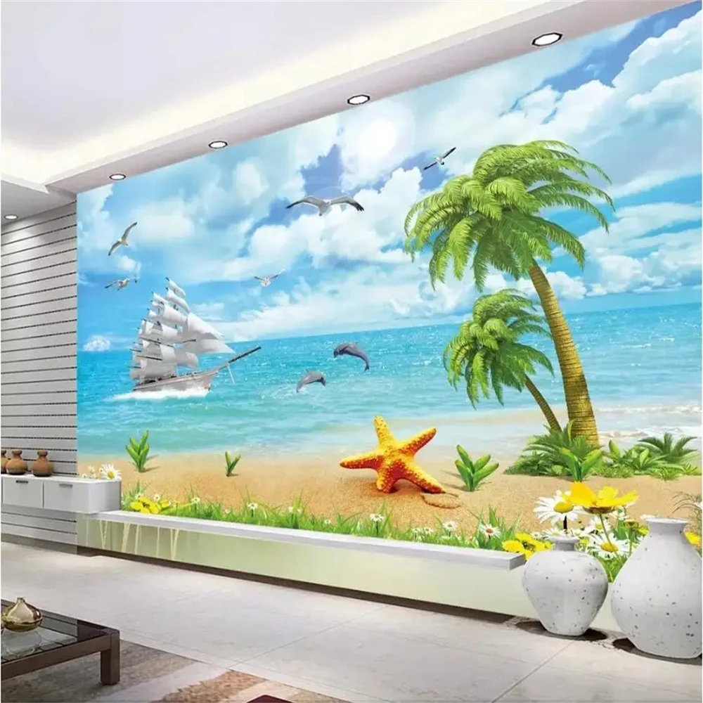 Custom Seascape landscape painting coconut tree sailing photo wallpaper for living room mural sailboat 3D wall papers home decor