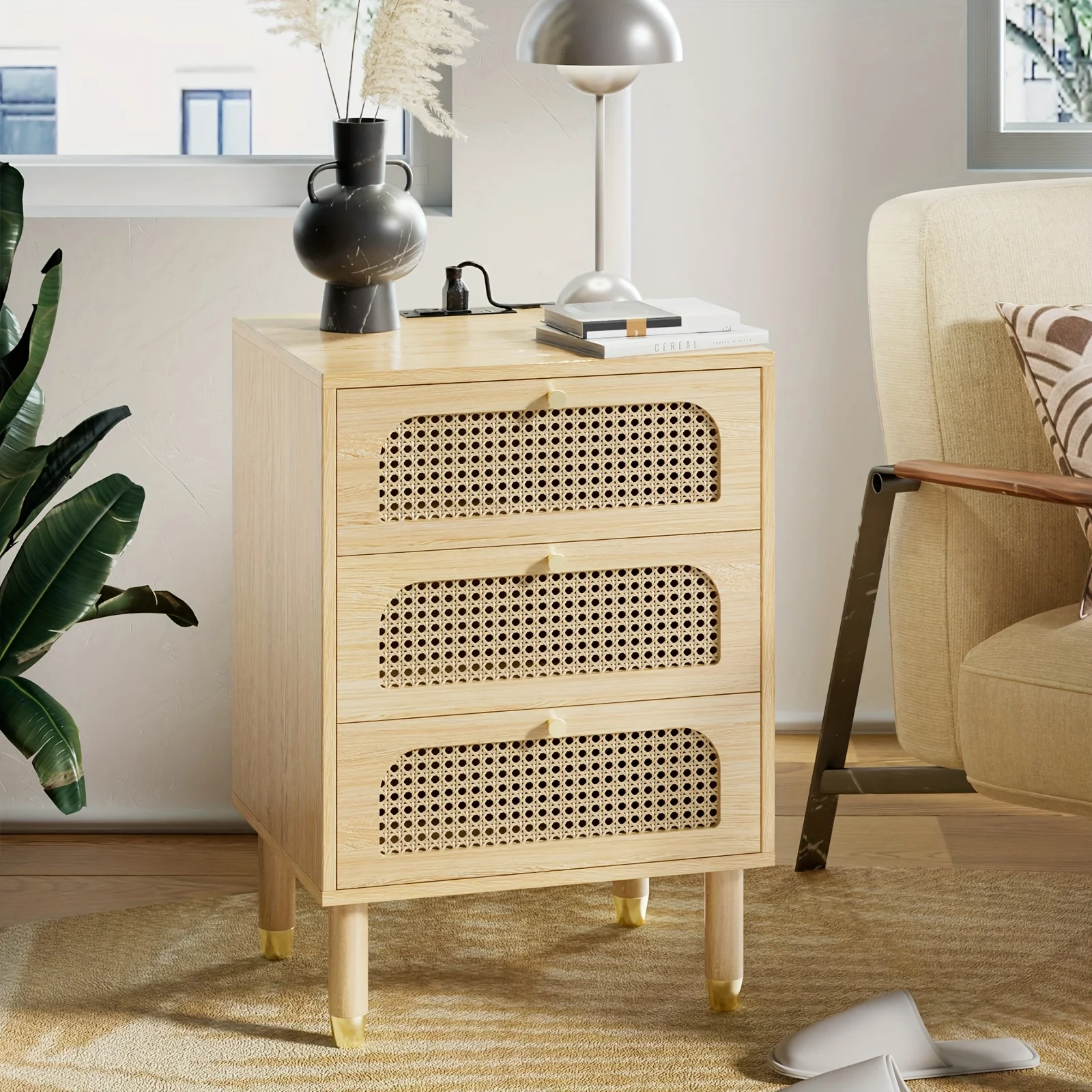 

Boho Mid Century Nightstand Dresser with 3 Drawer, Rattan End Table with Charging Station for Bedroom Living Room