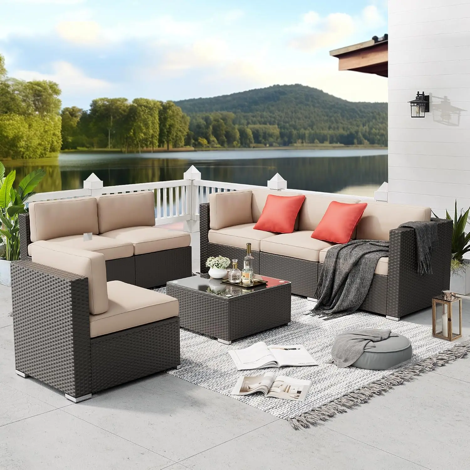 7 Piece Outdoor Sectional Sofa Set All-Weather PE Wicker Patio Conversation Set With Washable Cushion & Glass Table, Customized