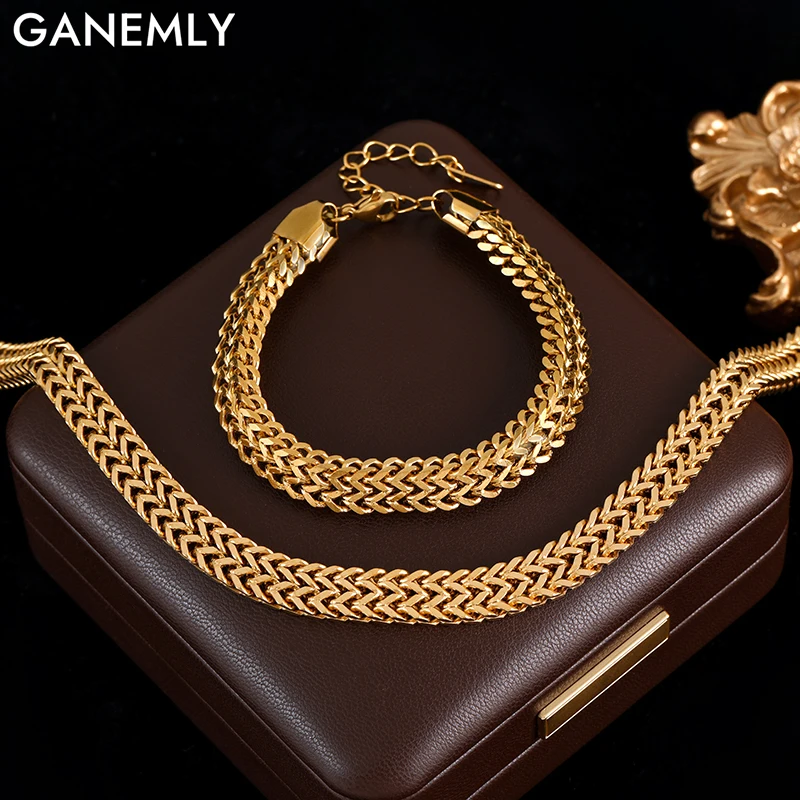 GANEMLY 316L Stainless Steel Thick Chain Necklace Bracelet Set For Women New Punk 18K Gold Plated Waterproof Jewelry Set Bijoux