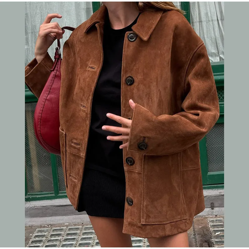 Vintage Brown Suede Leather Blazer Lapel Casual Single Breasted Loose Pocket Women Jacket 2024 Fall Fashion Commute Street Coats